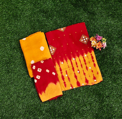 Red & Yellow Sungudi Cotton Chudidar Material Set with Tie-Dye & Bandhani Work