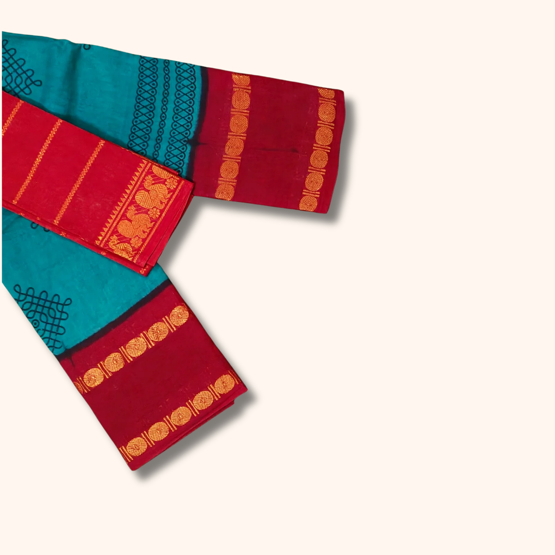 Peacock Blue Sungudi Kolam Saree with Contrast Red Blouse