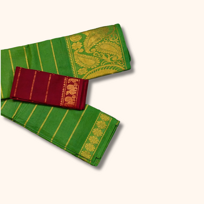 Green Pure Sungudi Cotton Saree with Gold Zari Floral Pallu & Maroon Blouse Piece