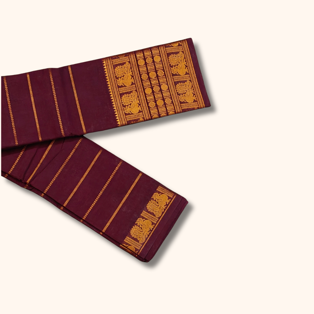 Wine Maroon Cotton Saree with Gold Peacock Border – Running Blouse