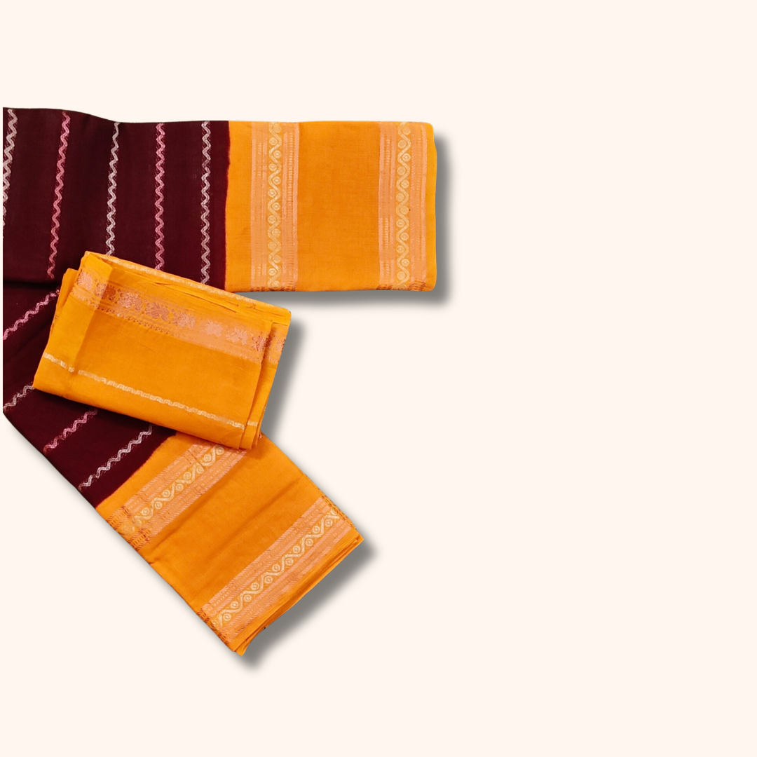Maroon Cotton Sungudi Saree with Mustard Yellow Contrast Blouse – Traditional Cotton Saree