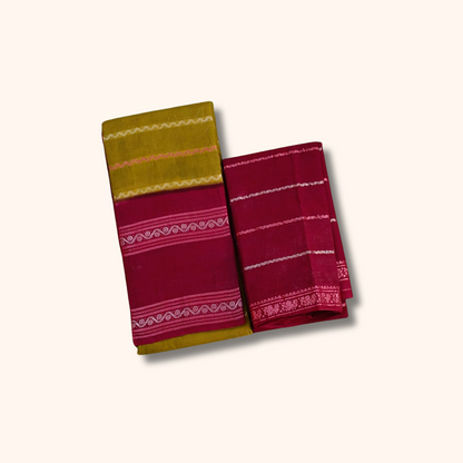Olive Green Sungudi Cotton Saree with Magenta Contrast Blouse