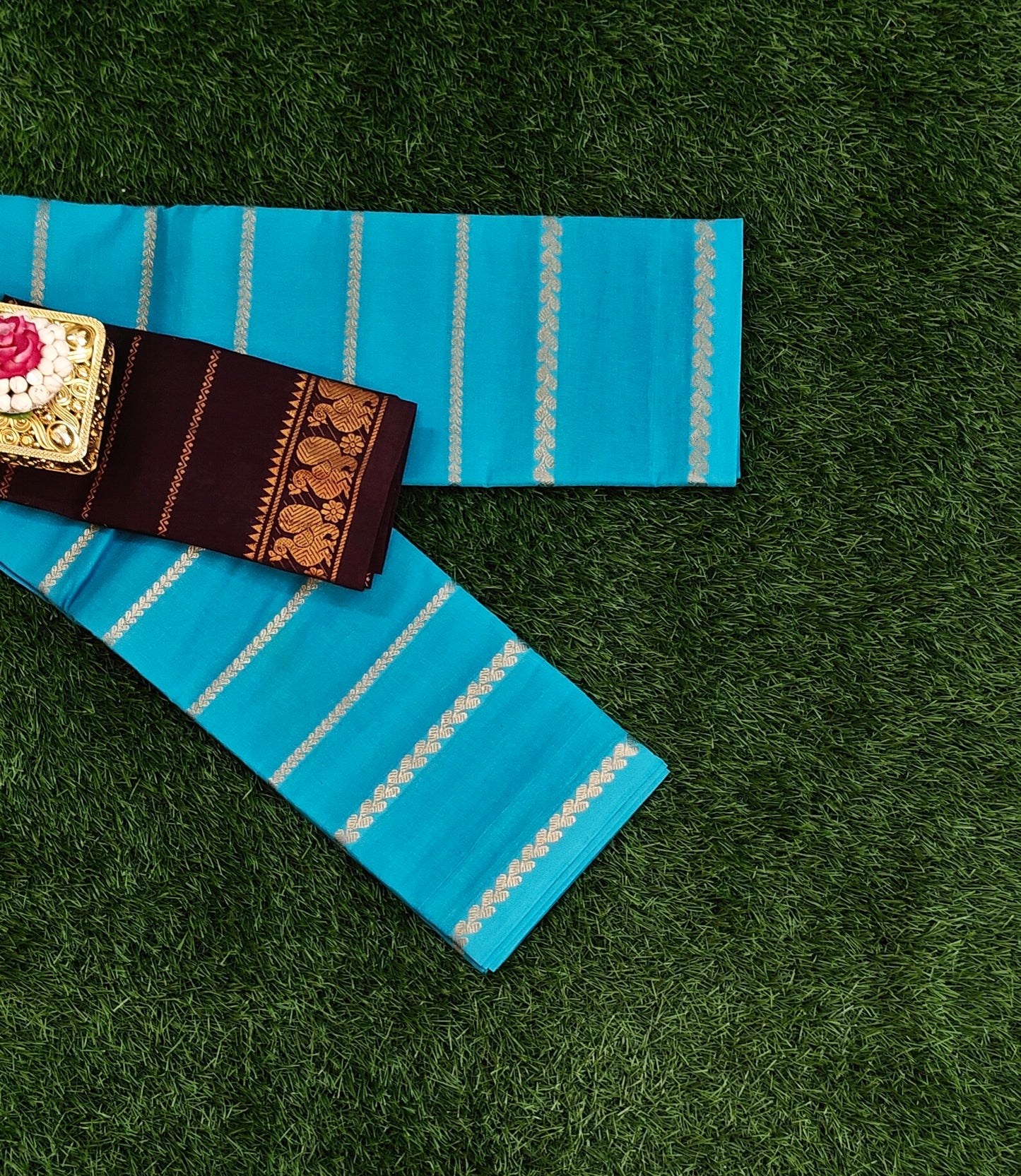 Beautiful Sky Blue Sungudi Cotton Saree with Contrast Black Designer Blouse