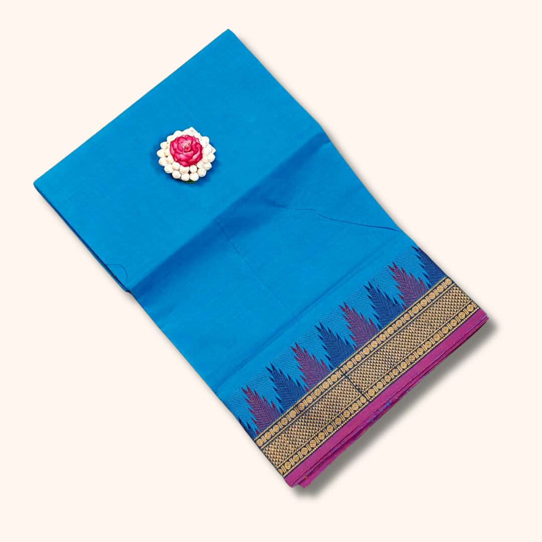 Bright Blue Chettinad Cotton Saree with Contrast Temple Border