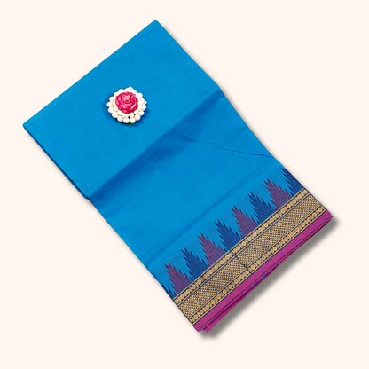 Bright Blue Chettinad Cotton Saree with Contrast Temple Border
