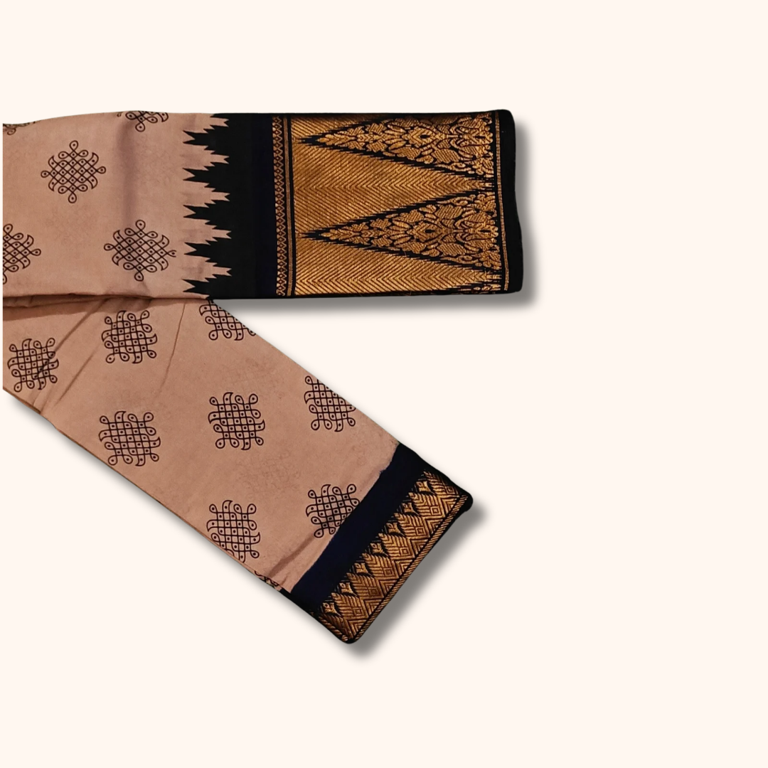 Cream & Black Temple Border Kolam Sungudi Cotton Saree