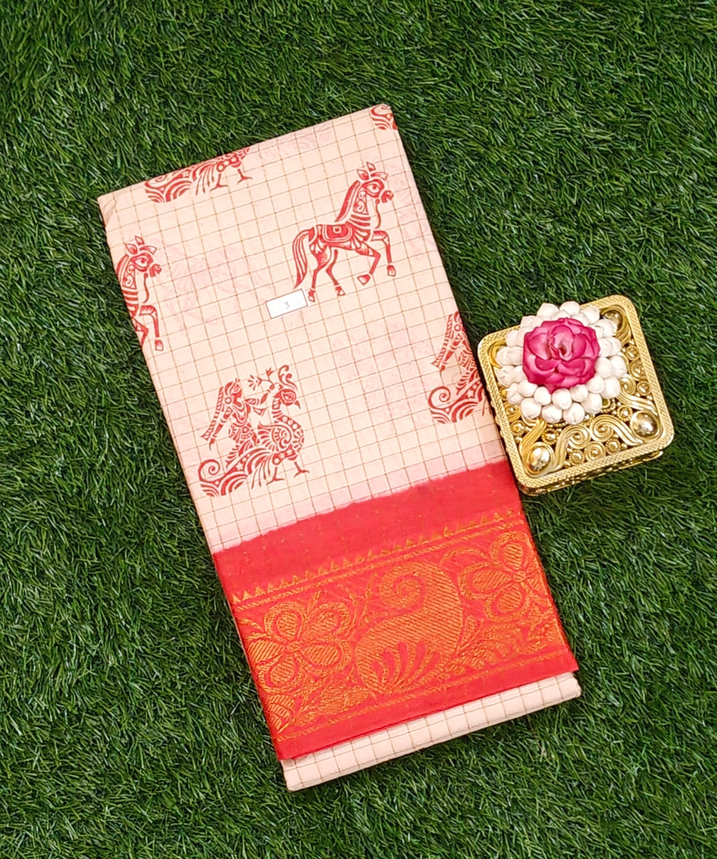 Cream & Brick Red Sungudi Cotton Saree with Horse Motifs and Traditional Border