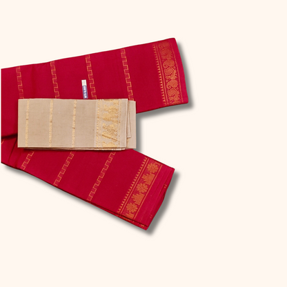 Red Cotton Saree with Gold Zari Geometric & Floral Border – Separate Blouse