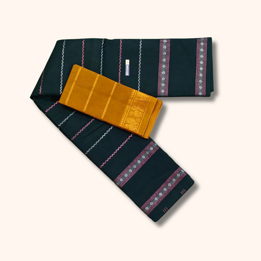 Black Cotton Sungudi Saree with Mustard Yellow Contrast Blouse – Traditional Cotton Saree