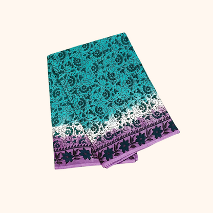 Turquoise Blue Floral Printed Cotton Saree with Lavender Border – Separate Blouse