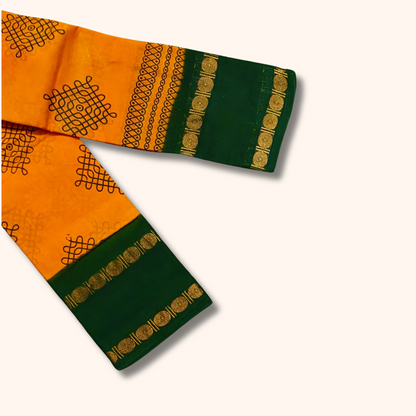 Mustard Yellow Sungudi Kolam Cotton Saree with Emerald Green Border