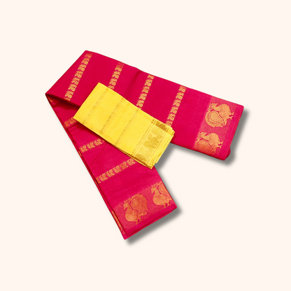 Bright Pink Cotton Saree with Gold Zari Stripes & Peacock Border – Separate Yellow Blouse Piece