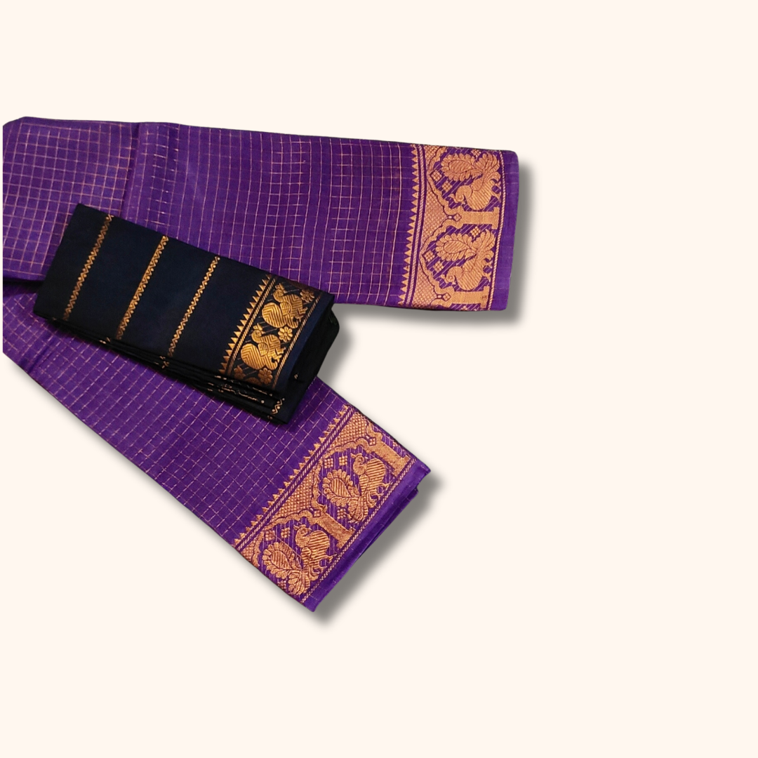 Purple Checked Cotton Saree with Golden Peacock Border