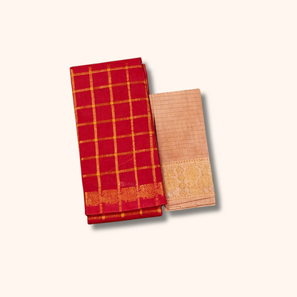 Ruby Red Chettinad Cotton Saree with Beige Contrast Blouse