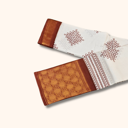 Off White Kolam Print Cotton Saree with Brown Zari Border