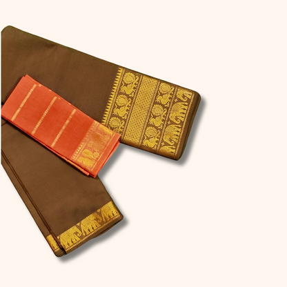 Chocolate Brown Pure Cotton Saree with Orange Contrast Blouse