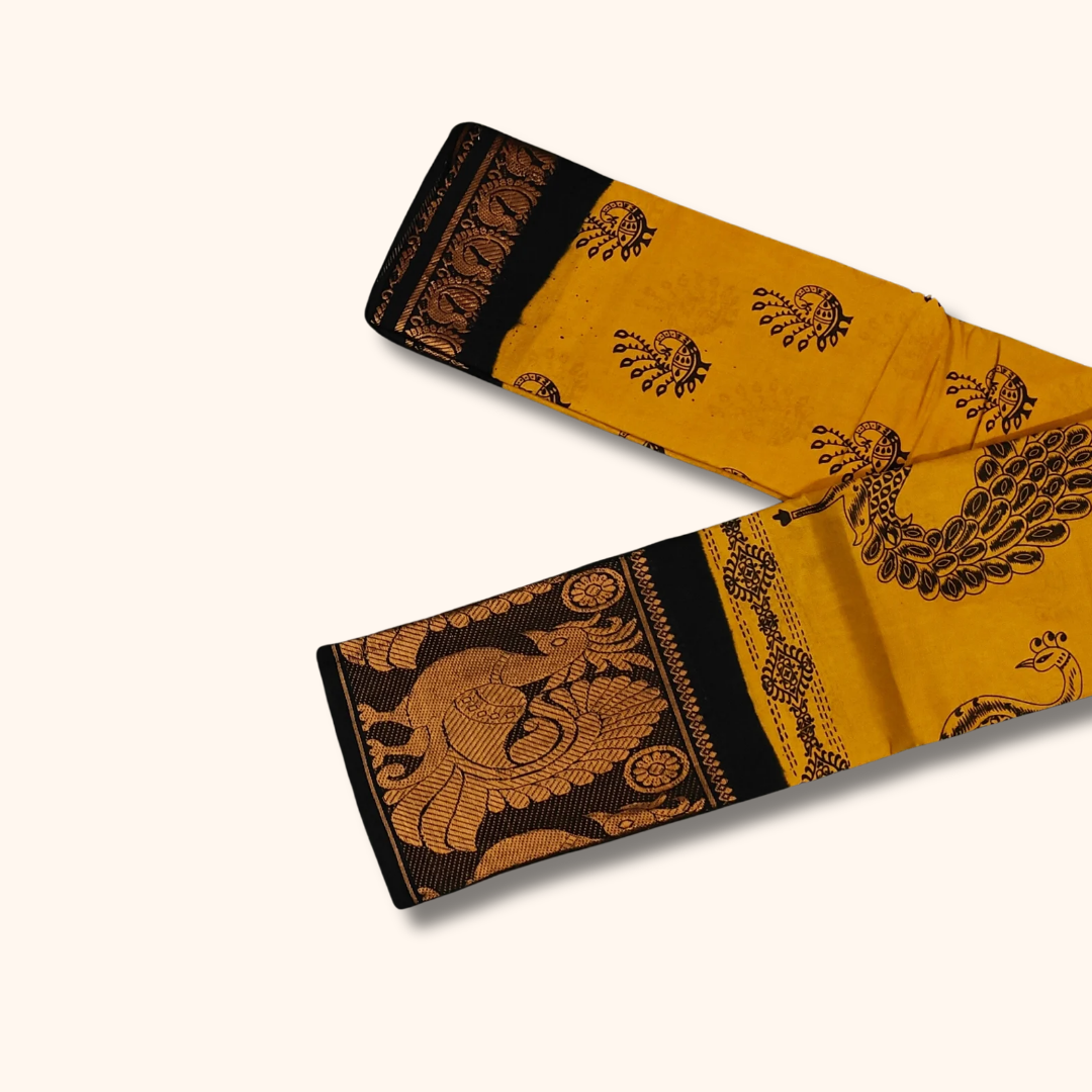 Mustard Yellow Sungudi Cotton Saree with Peacock Print and Black Zari Border