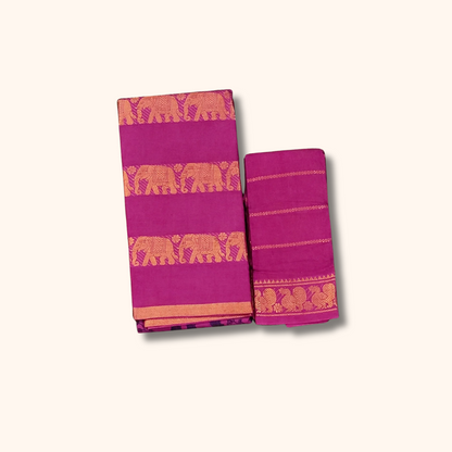 Rani Pink Elephant Border Cotton Saree with Separate Blouse Piece