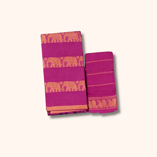 Rani Pink Elephant Border Cotton Saree with Separate Blouse Piece