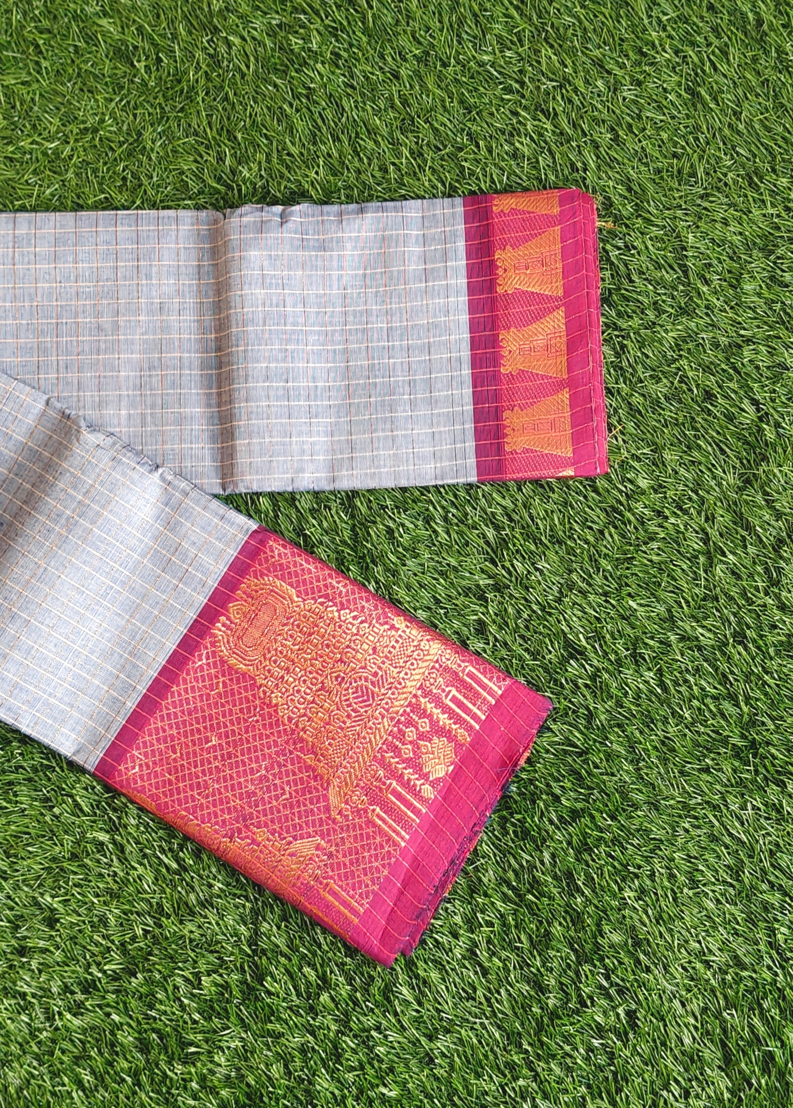 Chettinad Cotton Saree with Meenakshi Gopuram Border – Light Blue Checks with Pink Temple Border