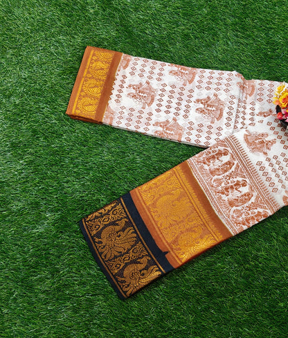 Off White Cotton Saree with Double Zari Border & Traditional Printed Design