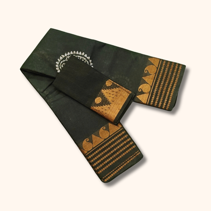 Dark Olive Green Sungudi Cotton Saree with Traditional Gold Zari Border & Matching Blouse Piece