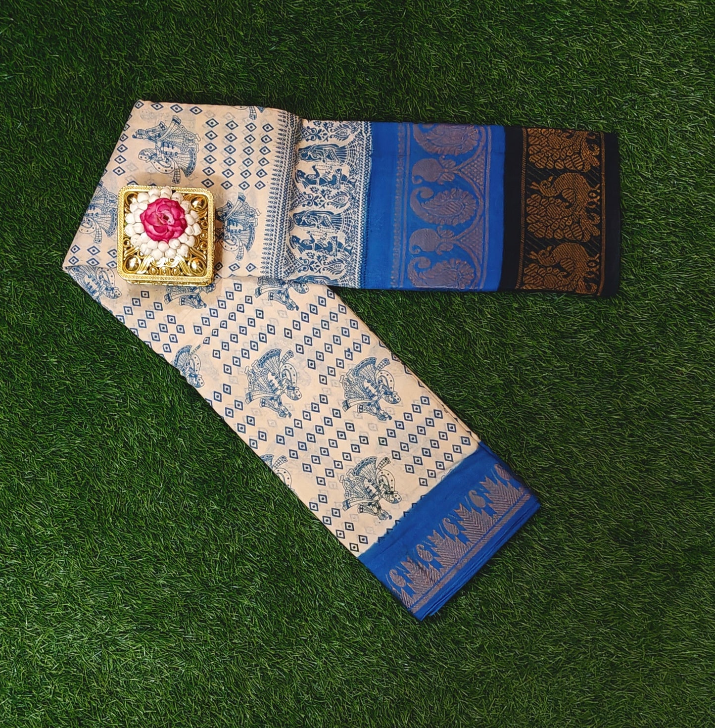 Attractive Cream and Royal Blue Cotton Saree with Traditional Elephant Print and Peacock Border