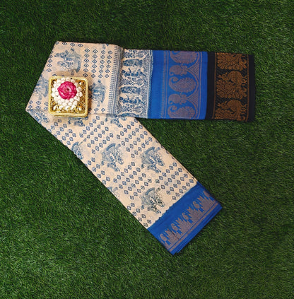 Attractive Cream and Royal Blue Cotton Saree with Traditional Elephant Print and Peacock Border