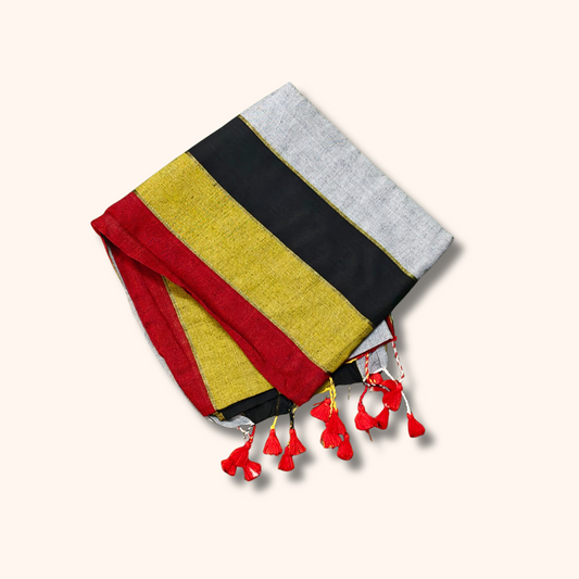 Mulmul Cotton Saree in Red, Mustard, Black & Ash Grey Stripes with Tassel Pallu