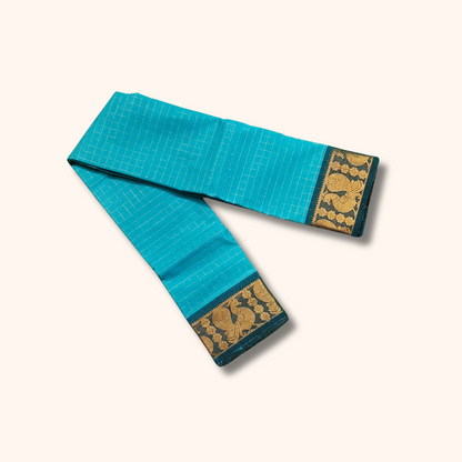 Turquoise Blue Chettinad Cotton Saree with Peacock Zari Border