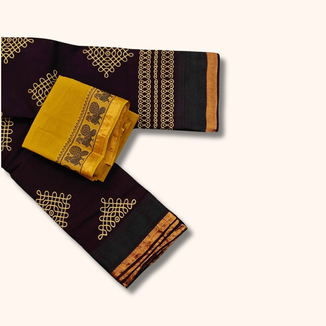 Dark Maroon Sungudi Cotton Saree with Mustard Traditional Kolam Design Saree