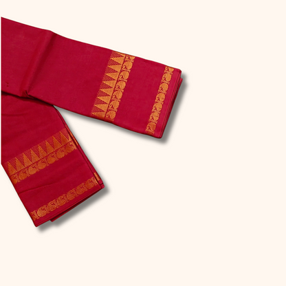 Red Cotton Saree with Gold Zari Stripes & Traditional Border – Running Blouse Included