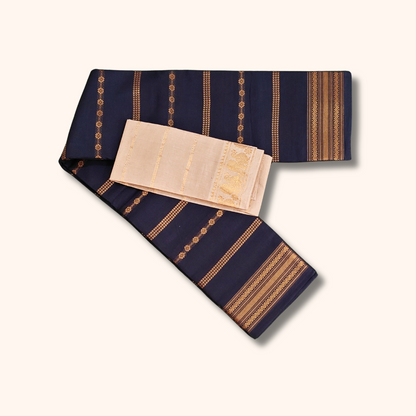 Navy Blue Sungudi Cotton Saree with Cream Peacock Border Blouse