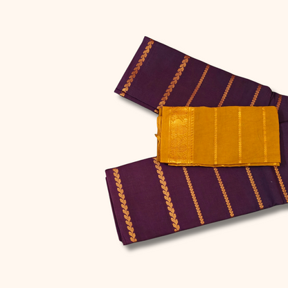 Maroon Cotton Saree with Mustard Contrast Blouse & Zari Border