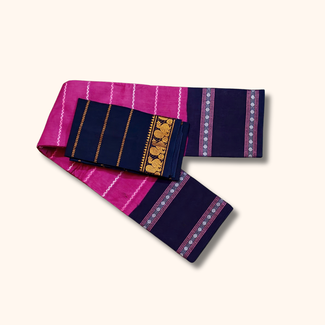 Pink & Navy Blue Sungudi Cotton Saree with Zari Border – Separate Blouse Piece