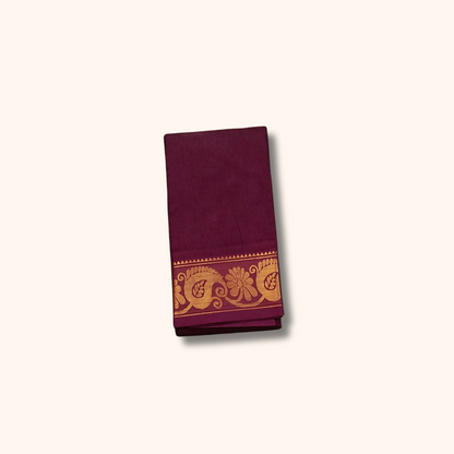 Wine Pure Cotton Saree with Traditional Paisley & Floral Border – Running Blouse