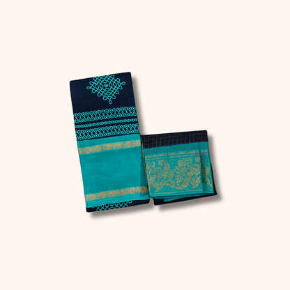 Navy Blue Sungudi Cotton Saree with Aqua Blue Contrast Blouse Piece