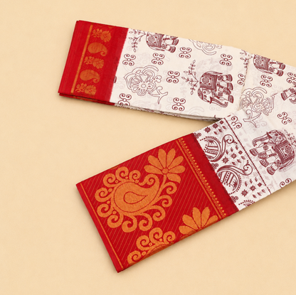 White and Red Printed Cotton Saree with Traditional Motif Border