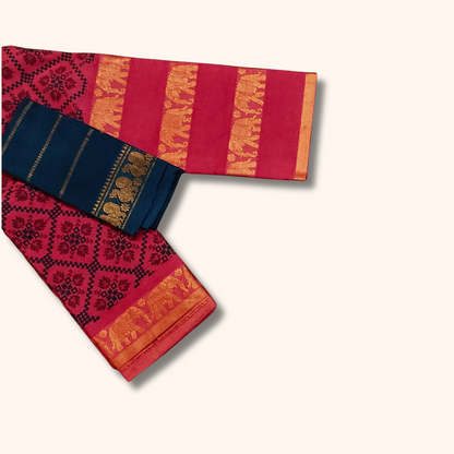 Red Pure Cotton Floral Printed Saree with Navy Blue Contrast Blouse