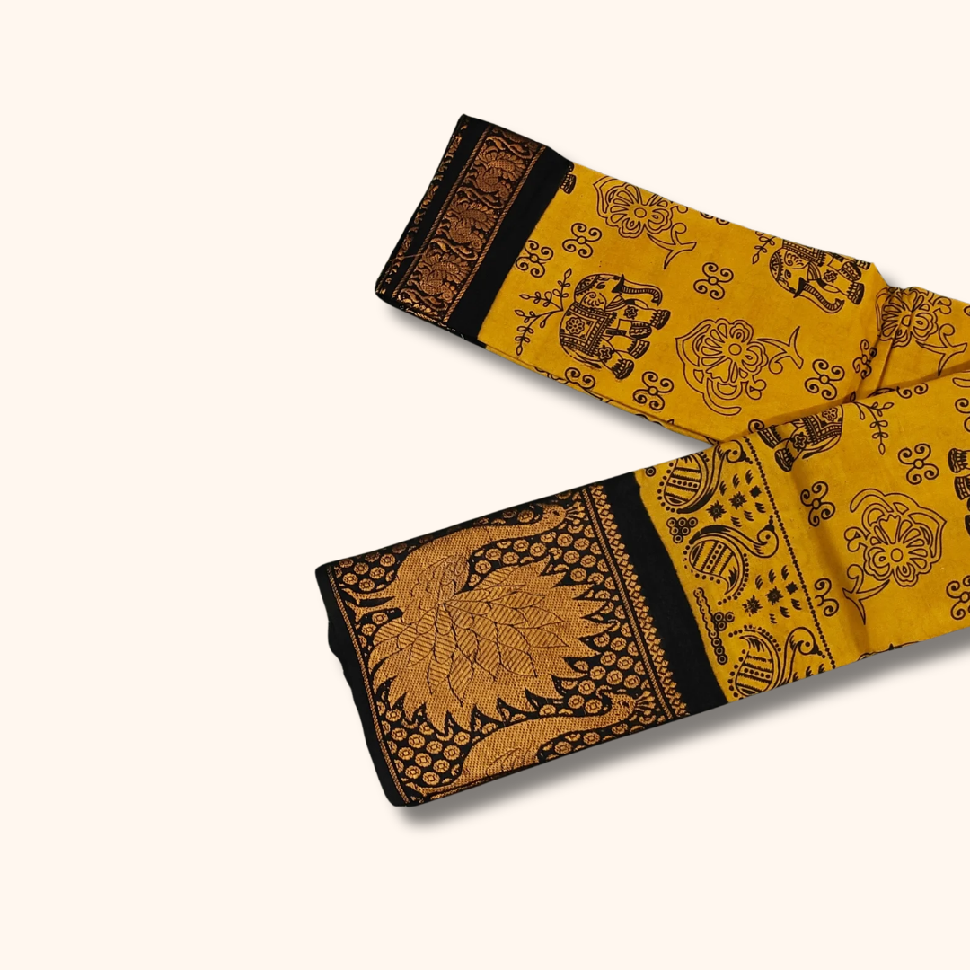 Mustard Yellow Sungudi Cotton Saree with Elephant Print and Black Zari Border