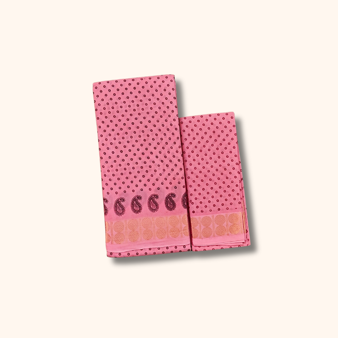 Baby Pink Printed Sungudi Cotton Saree with Separate Blouse Piece