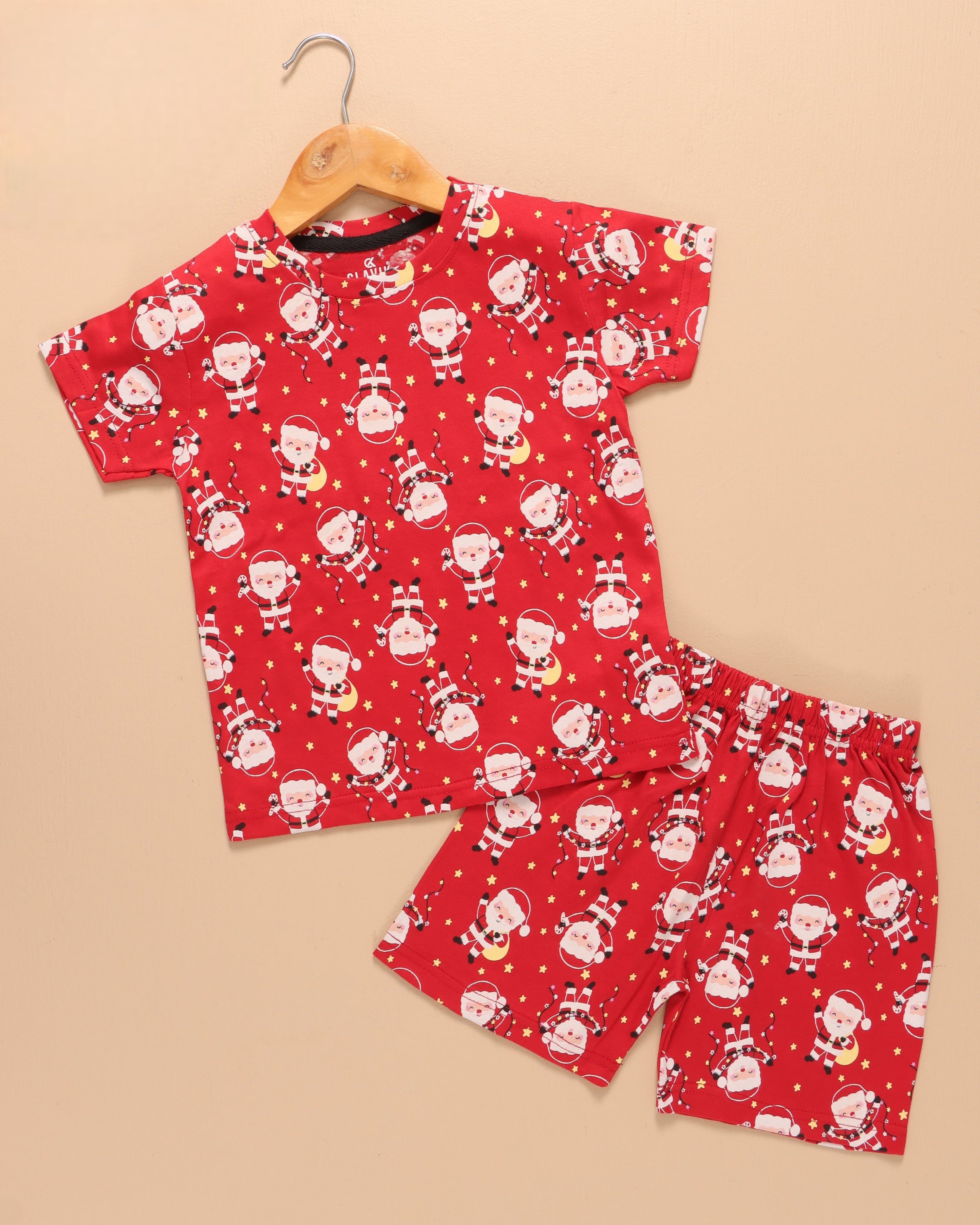 Kids Unisex Pure Cotton T-Shirt & Shorts Set – Red Santa Claus Print