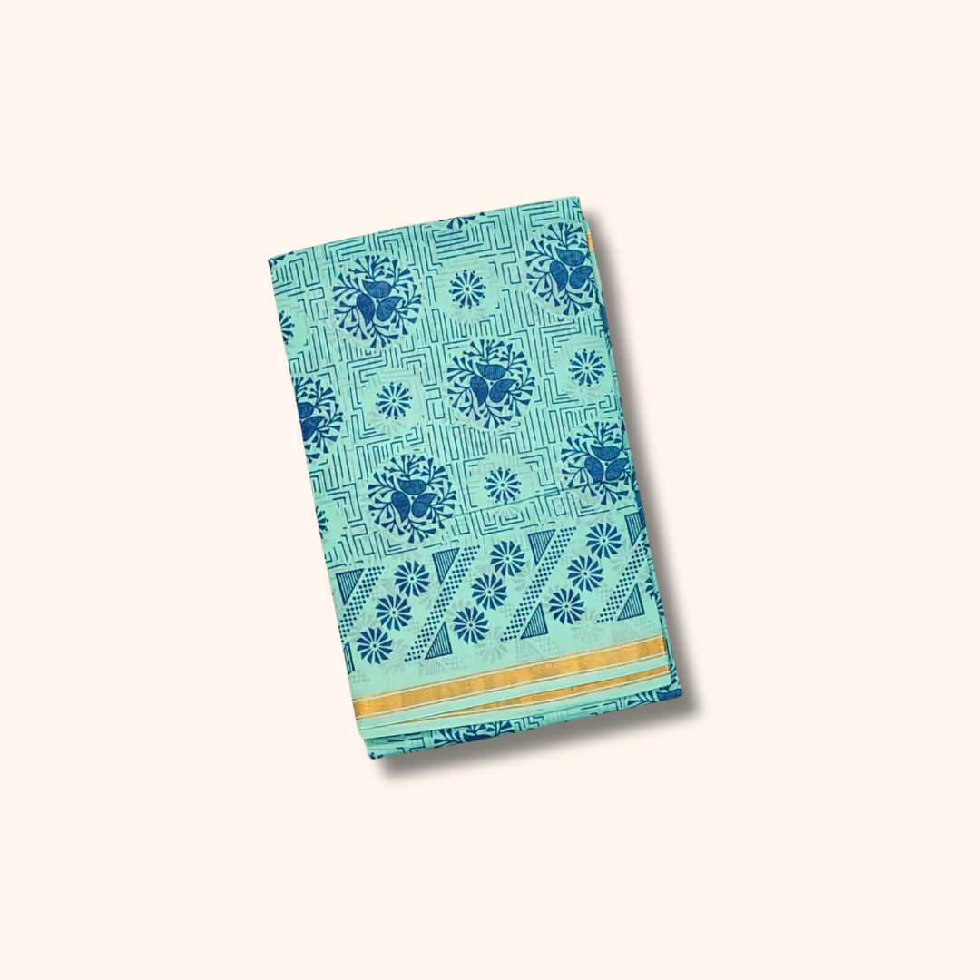 120s Count Vayal Cotton Saree in Aqua Blue with Floral Geometric Print
