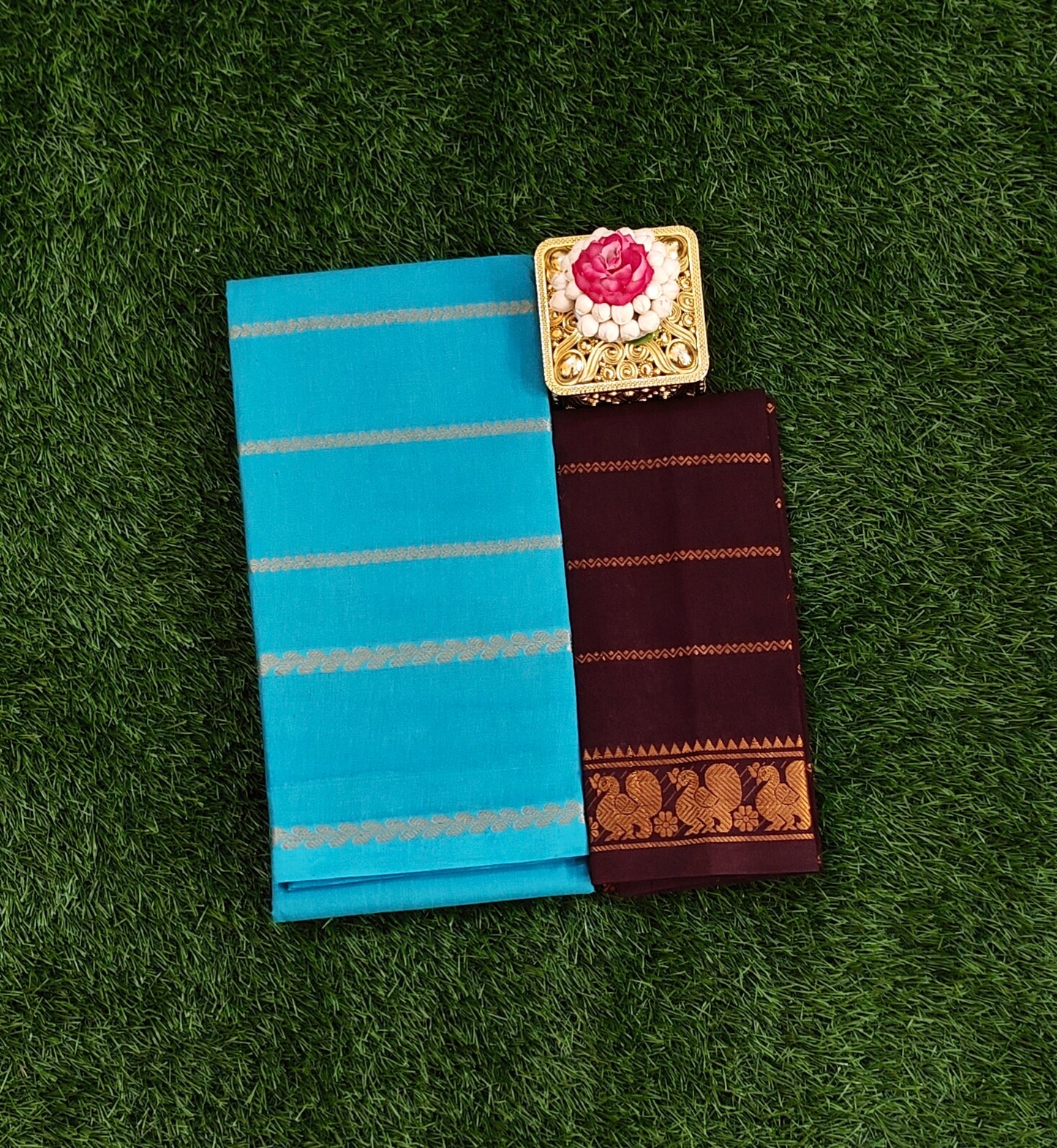 Beautiful Sky Blue Sungudi Cotton Saree with Contrast Black Designer Blouse