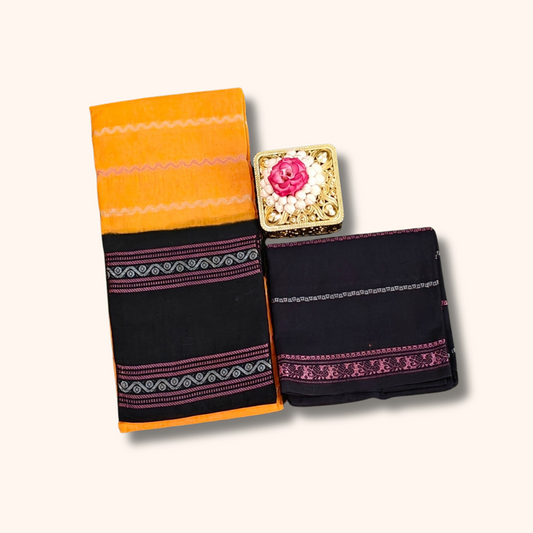 Orange Cotton Saree with Separate Black Blouse Sungudi saree