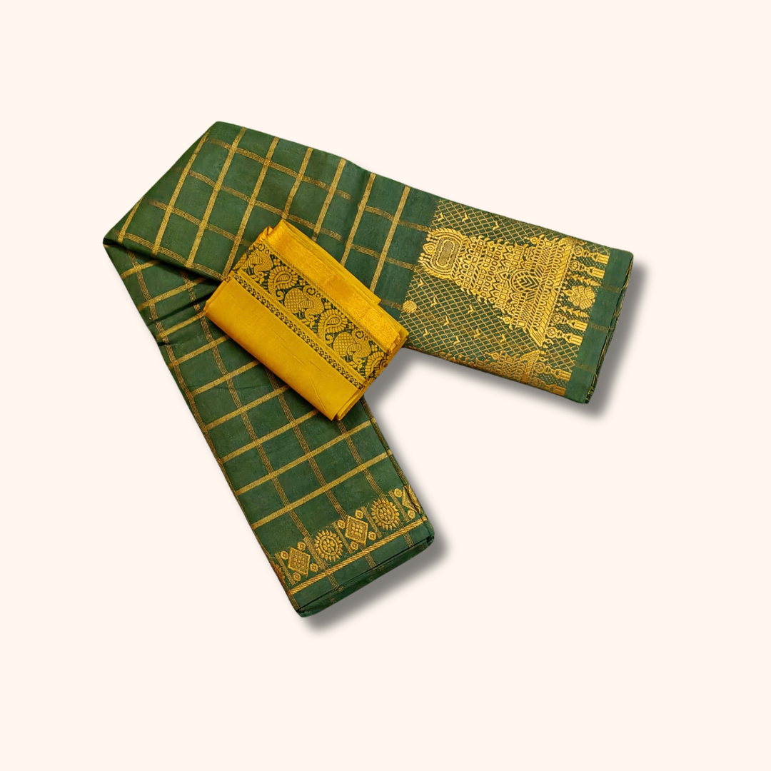 Dark Green Sungudi Cotton Saree with Gold Zari Checks & Designer Pallu – Separate Blouse Piece