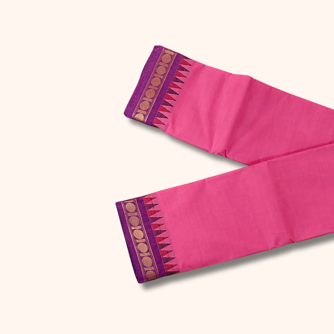 Pink Thread Work Zari Chettinad Cotton Saree Temple Border