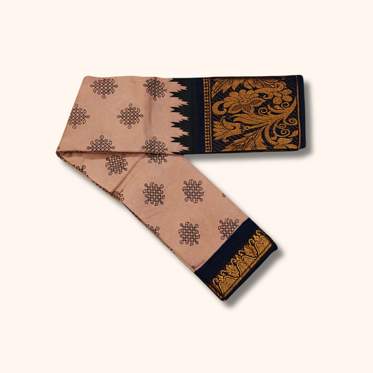 Light Pink Kolam Print Cotton Saree with Black Floral Border