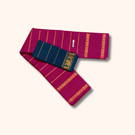 Magenta Cotton Saree with Gold Zari Stripes & Traditional Border – Navy Blue Blouse