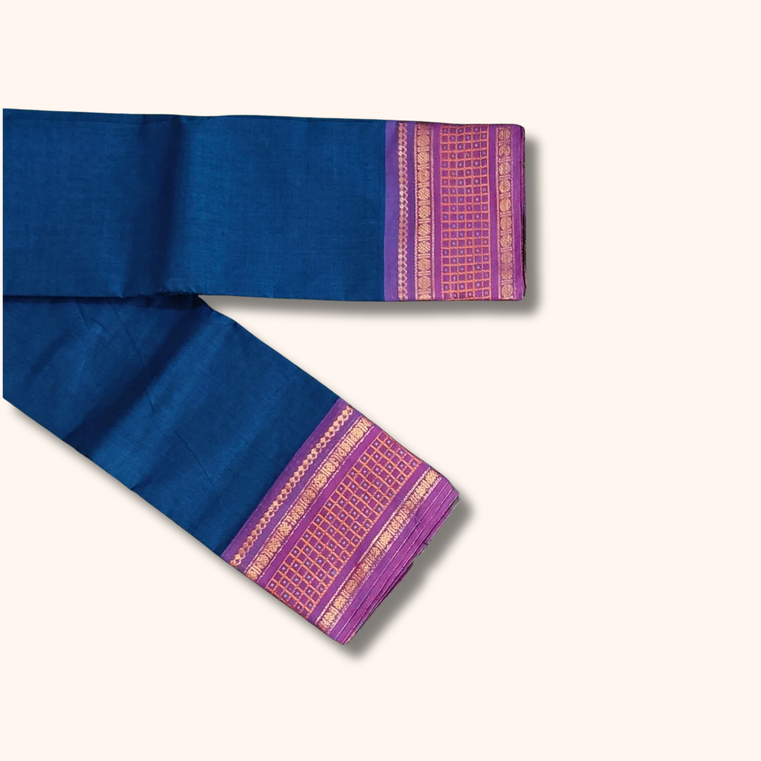 Royal Blue Chettinad Cotton Saree with Lavender Zari Border